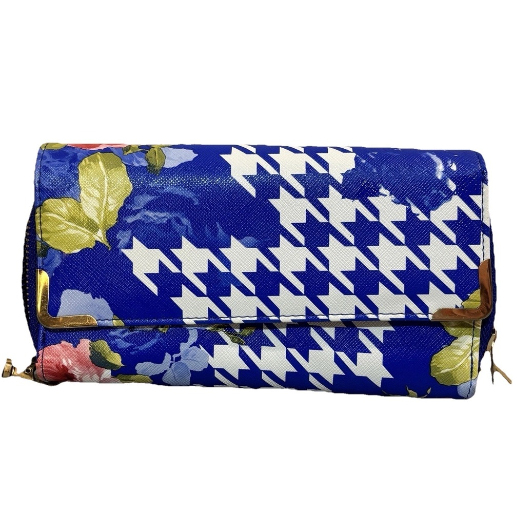 Blue Rose Green Leaf Large Zip Around Wallet, Multi Section Snap‎ Close Spacious